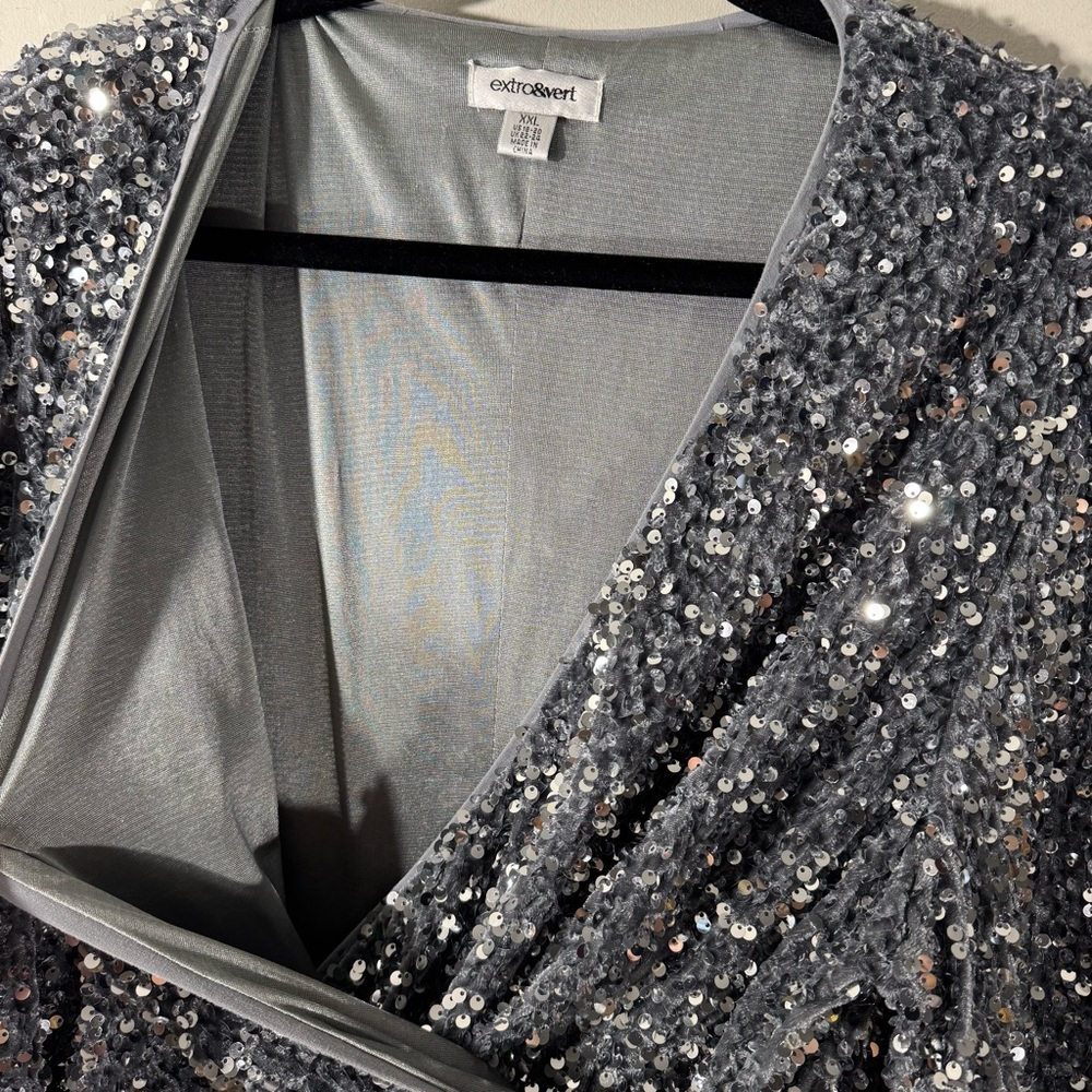Extro&Vert Silver Sequin Romper Sparkly Bell Slee… - image 3